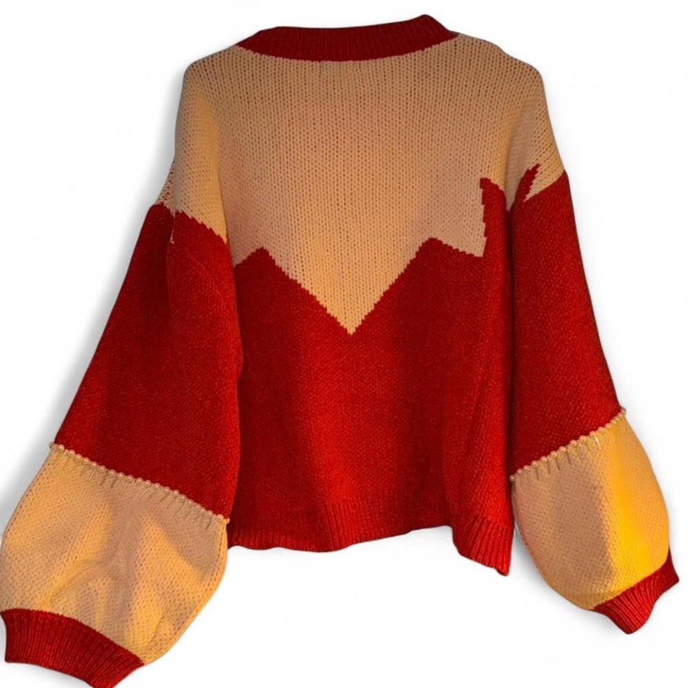 POL Women Red Cream Oversized Chenille Sweater Embellished Pearl Silver Accents - Picture 3 of 9